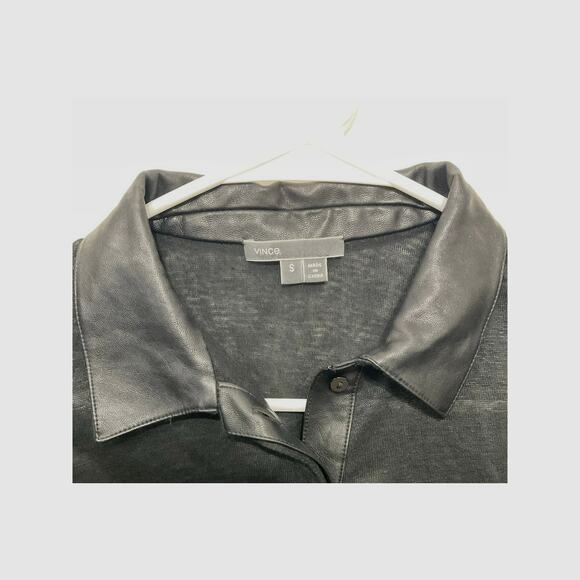 Vince Faux Leather Trim Linen Black Top Size Small Short Sleeve $245 Lightweight - Picture 6 of 6